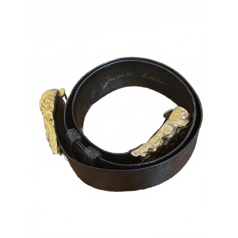 Judith Leiber Black Ostrich Leather Belt with 2" Ornate Gold Buckle